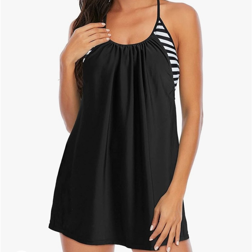 Women Striped Swimdress Beachwear, black & white, L